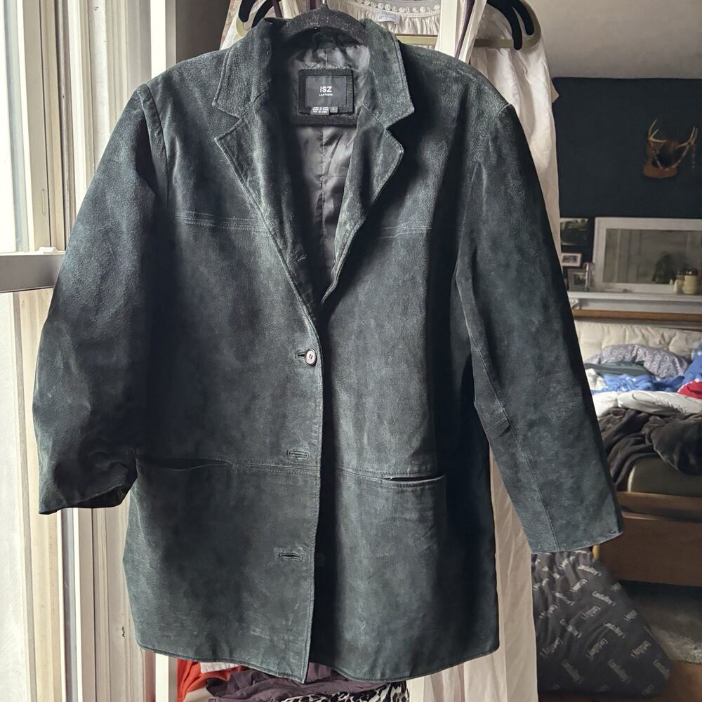 ISZ Women's Suede‎ Leather Black Gorgeous Long Jacket Size Large